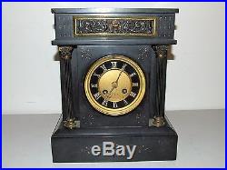Antique 1921 French Victorian Art Deco Black Marble Slate Mantel Shelf Clock