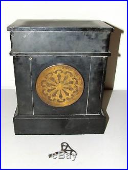 Antique 1921 French Victorian Art Deco Black Marble Slate Mantel Shelf Clock