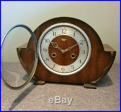 Antique 1930's Smiths Enfield Mahogany Art Deco Mantel Clock with Key & Pendulum