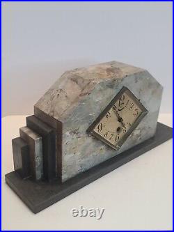 Antique 1930's UCRA French Art Deco 8 Day Black/White Marble Mantel Shelf Clock