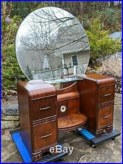 Antique 1930s Art Deco Leo Jiranek Vanity with40 Round Mirror & Built-In Clock