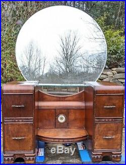 Antique 1930s Art Deco Leo Jiranek Vanity with40 Round Mirror & Built-In Clock