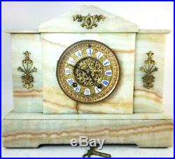 Antique 19th C Ansonia White Onyx Marble Mantle Clock Bronze Victorian 1880