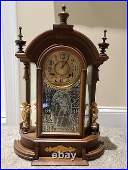 Antique 19th C. NEW HAVEN Victorian Mantel Shelf Clock with Figural Gilt Statues