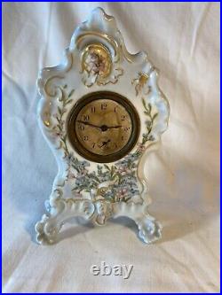Antique 19th White Mini China Porcelain Ceramic Wind-Up Mantel Clock Co