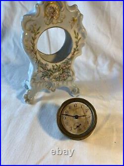 Antique 19th White Mini China Porcelain Ceramic Wind-Up Mantel Clock Co