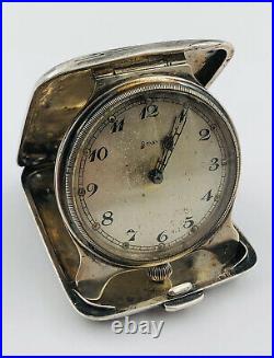 Antique 8 Day 15j Concord Art Deco Engraved Sterling Silver Traveling Clock