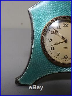 Antique ART DECO 8-Day Travel Clock, Sterling Silver & Guilloche ENAMEL Case