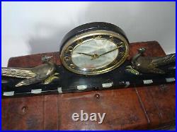 Antique Art Deco 1920's Marble & Slate Mantel Clock with Brass Peacock Garniture