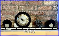 Antique Art Deco Black & White Marble Mantle Clock With Garnitures & Lovebirds