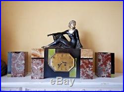 Antique Art Deco French Lady Figural Marble 3 Piece Garniture Mantel Clock