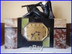Antique Art Deco French Lady Figural Marble 3 Piece Garniture Mantel Clock