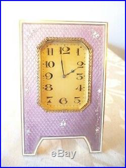 Antique Art Deco Guilloche Enamel Traveling Clock In Purple Color