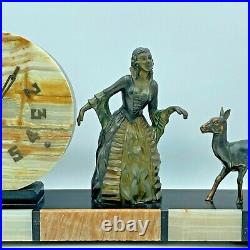 Antique Art Deco Mantel Clock French Green and Black Onyx Bronze Woman and Fawn
