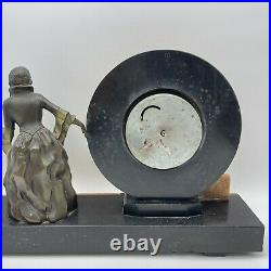 Antique Art Deco Mantel Clock French Green and Black Onyx Bronze Woman and Fawn