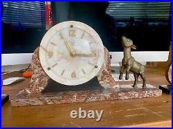 Antique Art Deco Marble Clock Mantel with Garnitures Goat or Lamb creature