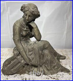 Antique Art Deco Nouveau Female Statue Victorian Sculpture Clock Cast Metal VTG