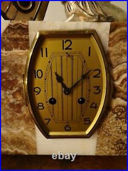 Antique Art Deco Onyx & Marble French Mantel Clock with Metal Fairy Garniture