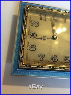 Antique Art Deco Sterling Silver & Blue Guilloche Enamel Travel Easel Clock