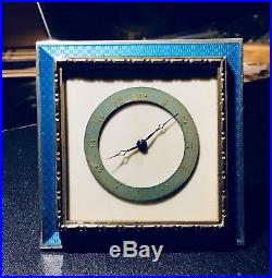 Antique Art Deco Swiss Made Sterling Silver & Blue Guilloche Enamel Travel Clock