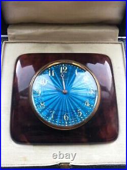 Antique Art Deco Tortoiseshell guilloche Enamel Travel Clock In Original Box