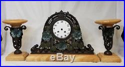 Antique Clock Set Art Deco Like Edgar Brandt Patinated Wrought Iron & Alabaster