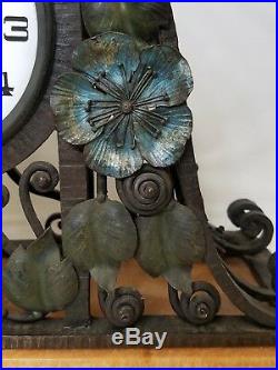 Antique Clock Set Art Deco Like Edgar Brandt Patinated Wrought Iron & Alabaster