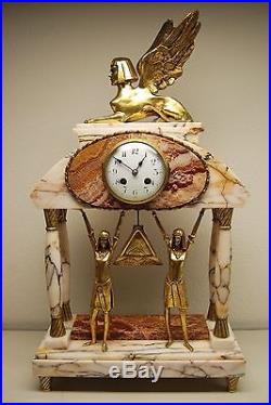 Antique Egyptian Revival French Marble Sphinx Mantel Art Deco Nouveau Old Clock