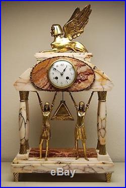 Antique Egyptian Revival French Marble Sphinx Mantel Art Deco Nouveau Old Clock