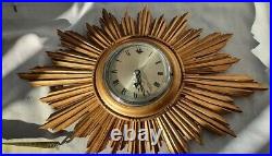 Antique English Starburst Sunburst Wall Clock Art Deco Gilt Wood