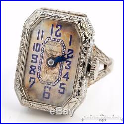 Antique Estate Vintage Art Deco 18k White Gold Chased Clock Watch Ring! Sz 7