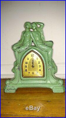 Antique Frankart green nude woman Art Deco clock working