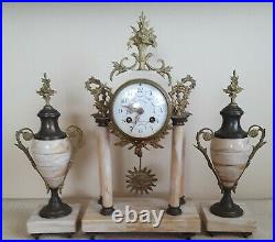 Antique French 3 pc Marble Portico Striking Urn Clock Set