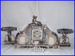 Antique French Art Deco 1925 French Marble Clock Garniture Set & Bronze Dog