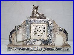 Antique French Art Deco 1925 French Marble Clock Garniture Set & Bronze Dog