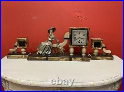 Antique French Art Deco Cold Painted Lady Clock Garniture By R Lullier