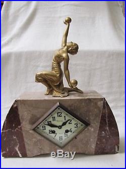 Antique French Art Deco Lady Figural Marble Mantel Clock