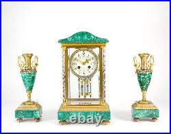 Antique French Art Deco Malachite & Champleve Crystal Regulator Mantle Clock