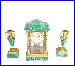 Antique French Art Deco Malachite & Champleve Crystal Regulator Mantle Clock