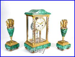 Antique French Art Deco Malachite & Champleve Crystal Regulator Mantle Clock