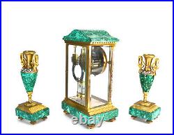 Antique French Art Deco Malachite & Champleve Crystal Regulator Mantle Clock