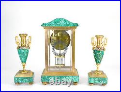 Antique French Art Deco Malachite & Champleve Crystal Regulator Mantle Clock