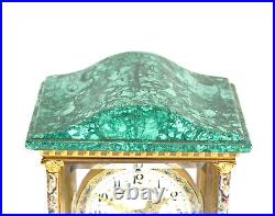 Antique French Art Deco Malachite & Champleve Crystal Regulator Mantle Clock