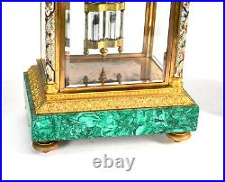 Antique French Art Deco Malachite & Champleve Crystal Regulator Mantle Clock