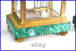 Antique French Art Deco Malachite & Champleve Crystal Regulator Mantle Clock