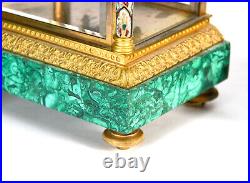 Antique French Art Deco Malachite & Champleve Crystal Regulator Mantle Clock