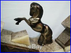 Antique French Art Deco Onyx Marble Clock & Garnitures with Horse Must See