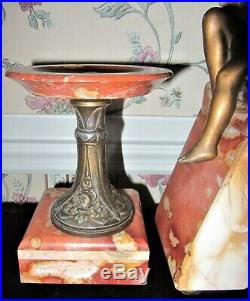 Antique French Art Deco Red & Tan Marble Mantel Garniture Clock w Candlesticks