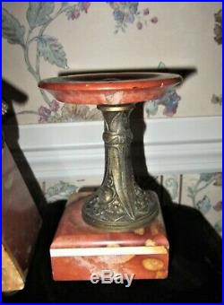 Antique French Art Deco Red & Tan Marble Mantel Garniture Clock w Candlesticks