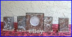 Antique French Art Deco Red and Grey Marble Clock with Pair of Marble Ends